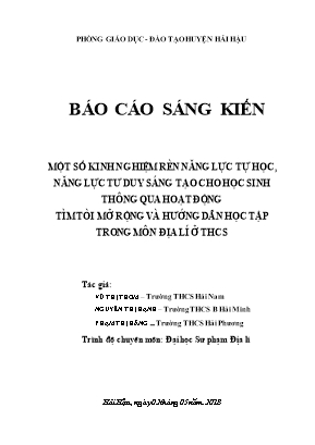 Sáng kiến kinh nghiệm Một số kinh nghiệm rèn năng lực tự học, năng lực tư duy sáng tạo cho học sinh thông qua hoạt động tìm tòi mở rộng và hướng dẫn học tập trong môn Địa lí ở THCS - Vũ Thị Thơm